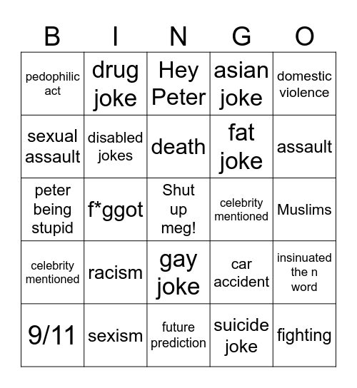 family guy Bingo Card