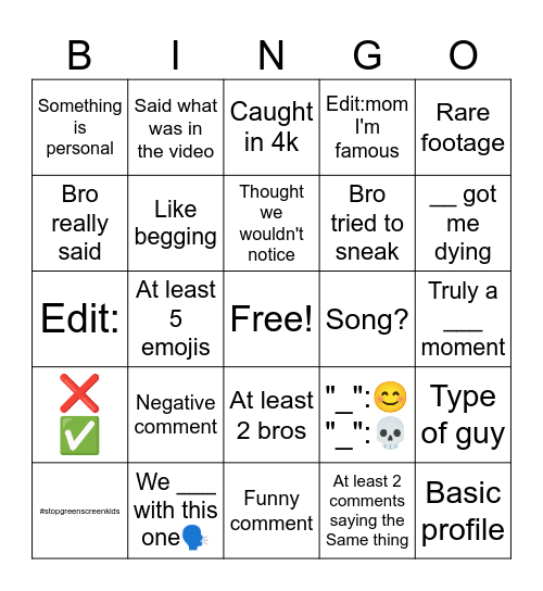 Comment section bingo Card