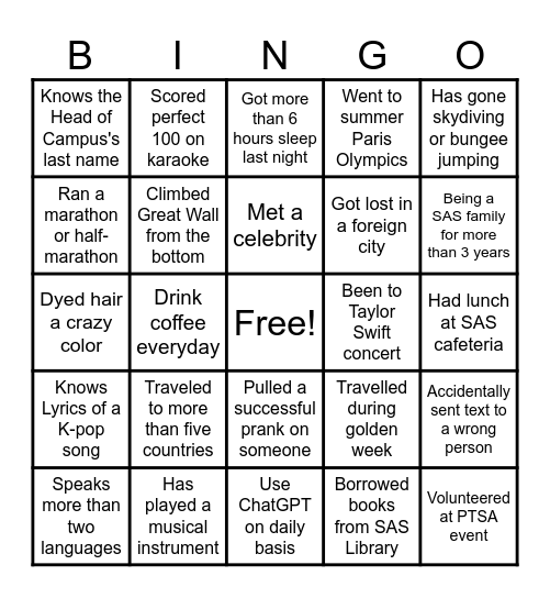 PTSA PX Bingo Card