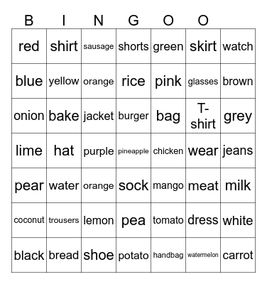 clothes and food Bingo Card