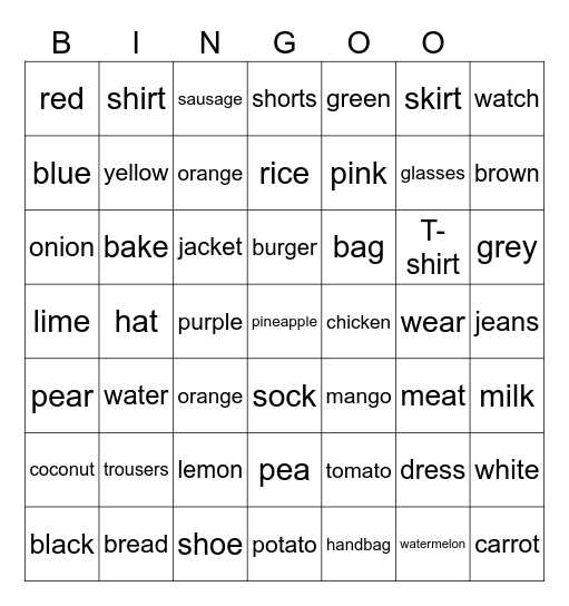 clothes and food Bingo Card