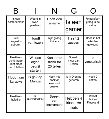 Zoek iemand die........ en schrijf de naam in het vakje Bingo Card
