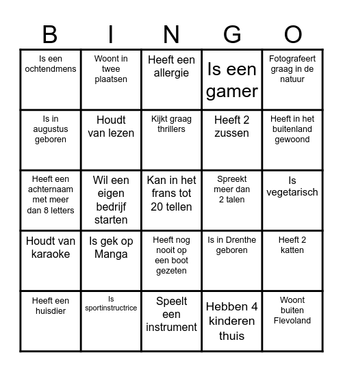 Zoek iemand die........ en schrijf de naam in het vakje Bingo Card