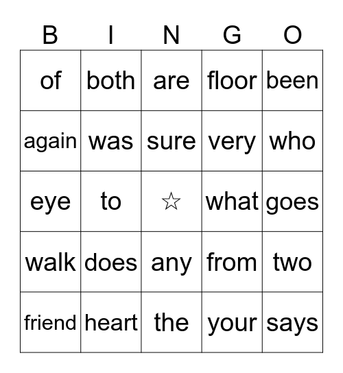 Heart words Bingo Card