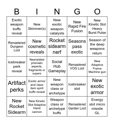 October 1st D2 Stream Bingo Card