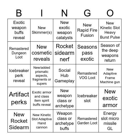 October 1st D2 Stream Bingo Card