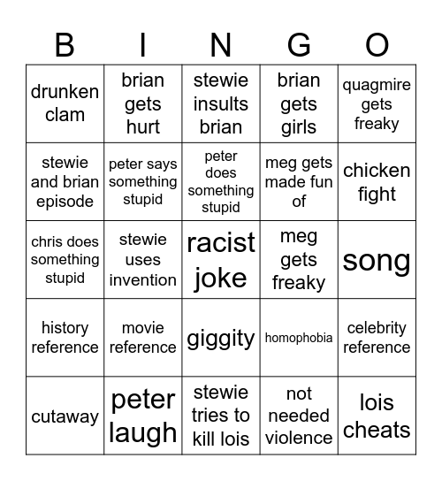 Family Guy Bingo Card