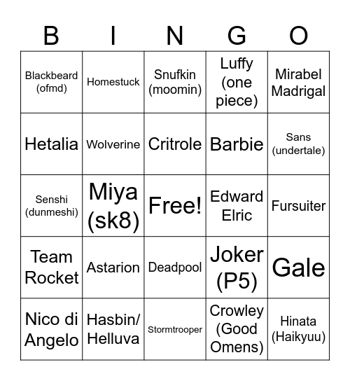 COSPLAY BINGO Card