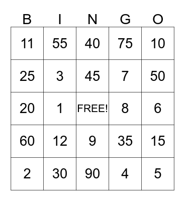 Numbers Bingo Card