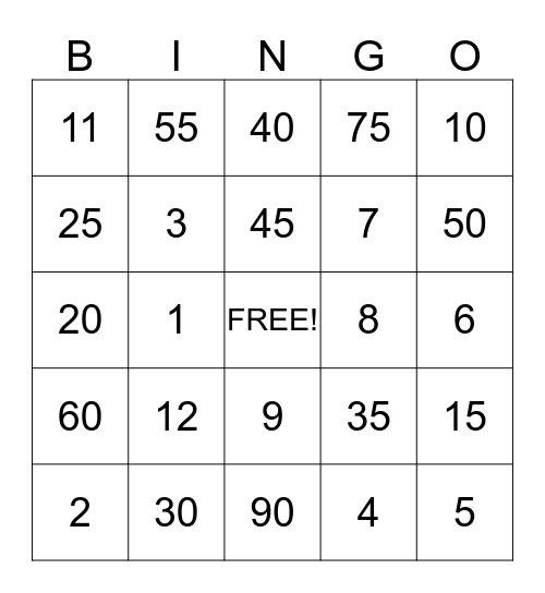 Numbers Bingo Card