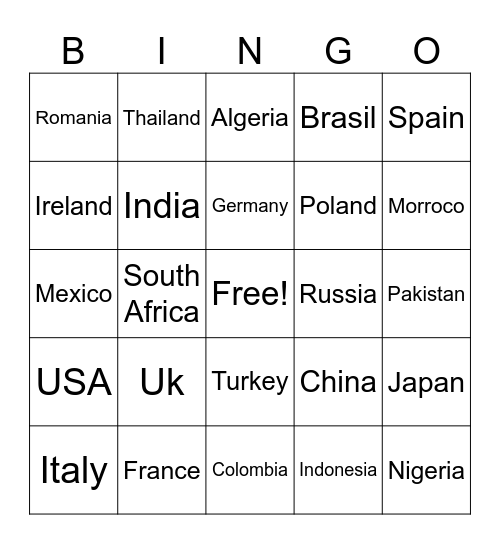 Country Bingo Card