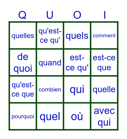 Les mots interrogatifs Bingo Card