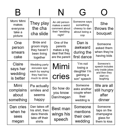 Dan and Megan’s wedding Bingo Card