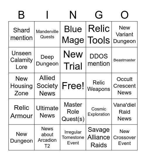 FFXIV 7.1 Live Letter Bingo Card