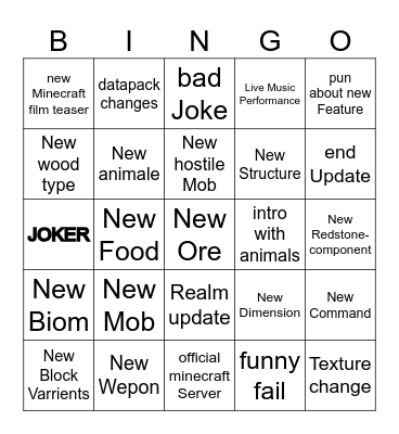 Minecraft Live Bingo Card