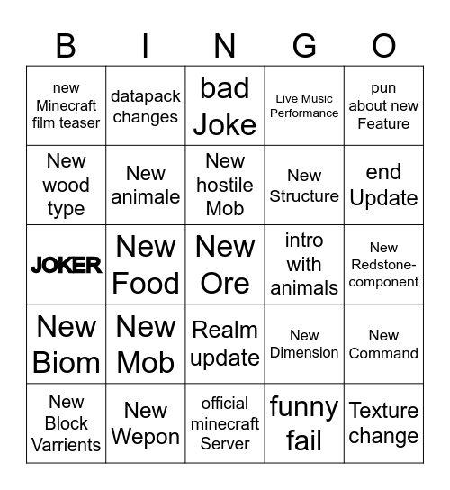 Minecraft Live Bingo Card