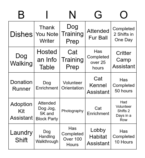 Volunteer Shift Bingo Card