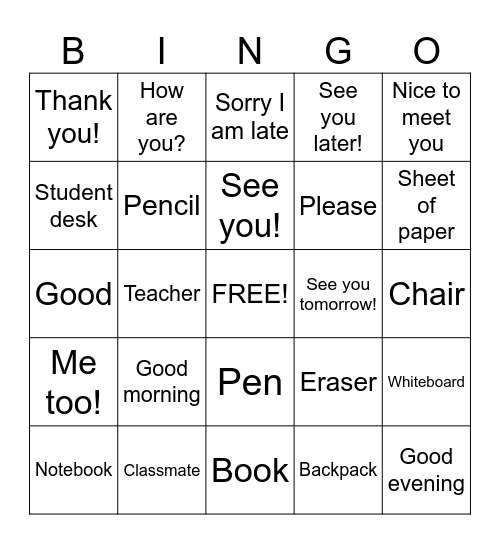 Greetings and Classroom Commands Bingo Card