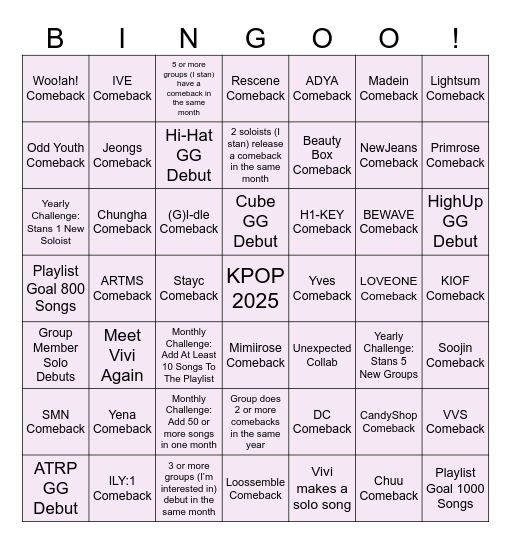 KPOP 2025 Bingo Card