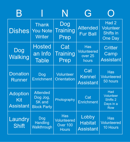 Volunteer Shift Bingo Card