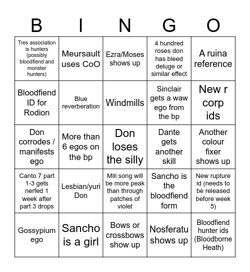 Canto 7/Season 5 Bingo Card