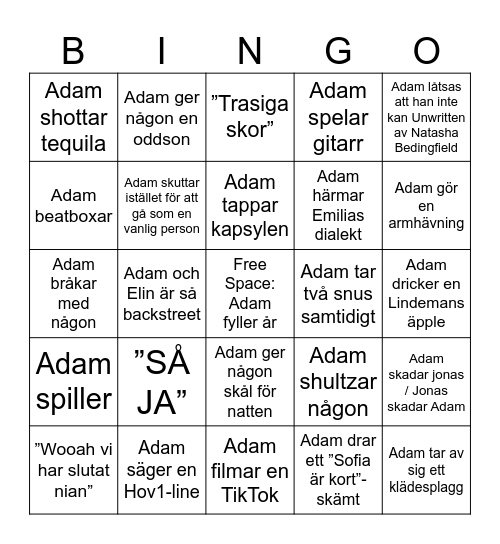 Adams Bingo Card