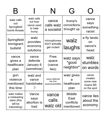 the Tim Walz closes in on JD Vance Bingo Card