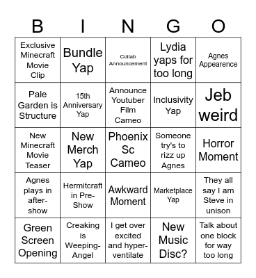 Minecraft Live Bingo Card