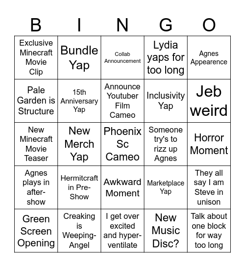 Minecraft Live Bingo Card