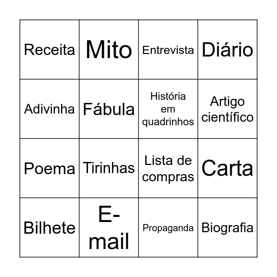 Bingo dos gêneros textuais Bingo Card