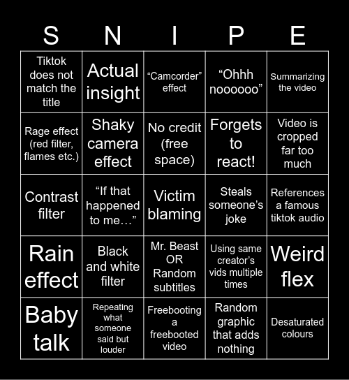 Sssniperwolf Bbbingo! Bingo Card