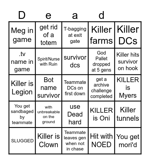 Ultimate DBD Bingo Card