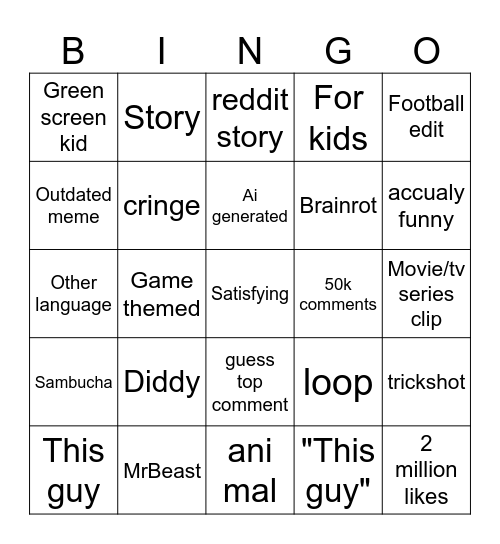 Youtube Shorts bingo Card