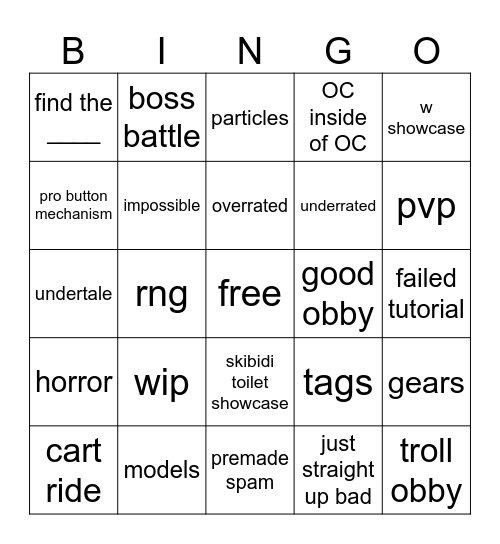 obby creator bingo Card