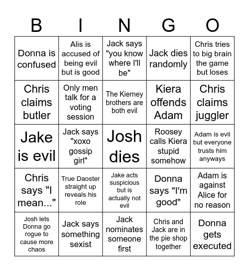 Girls Clocktower Bingo Card