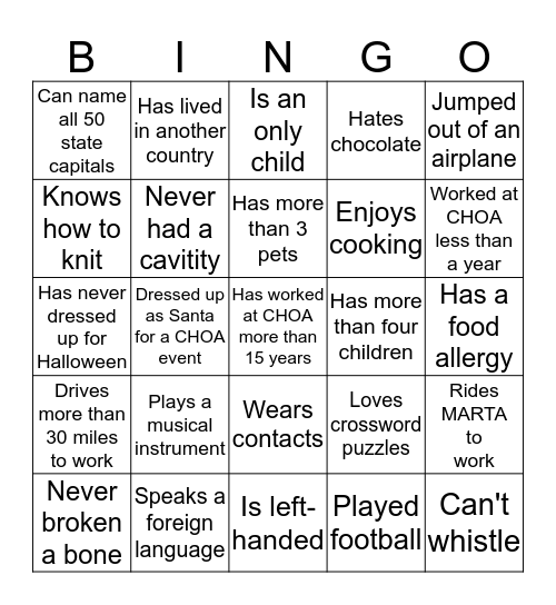 Get to know your team! Bingo Card