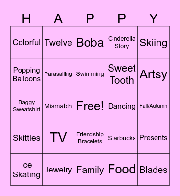 Zoey's Birthday Bingo Card