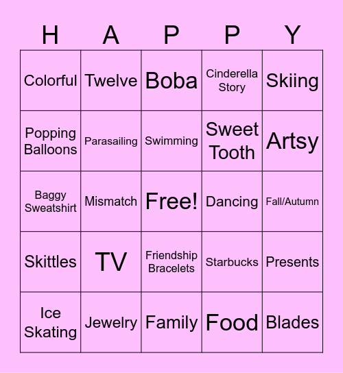 Zoey's Birthday Bingo Card