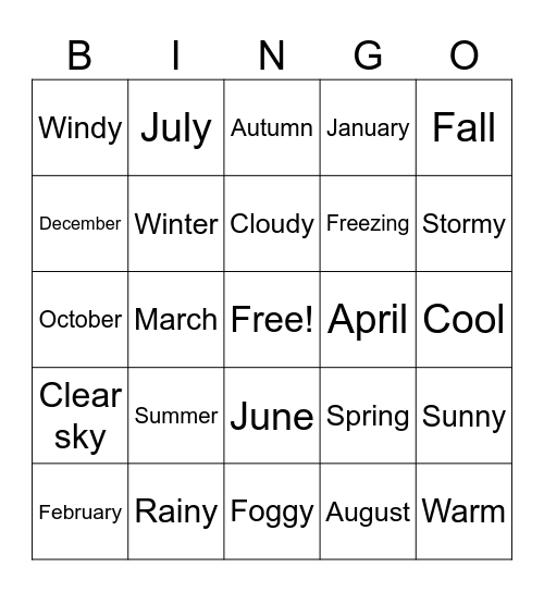 Months, seasons and weather Bingo Card