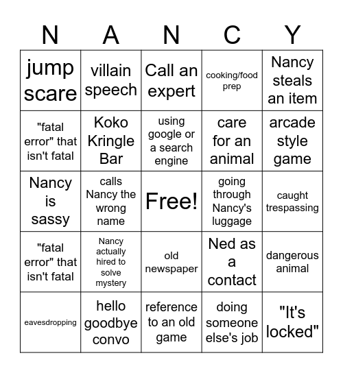 Nancy Drew Game Bingo Card