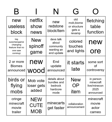 Minecraft live 2024 Bingo Card