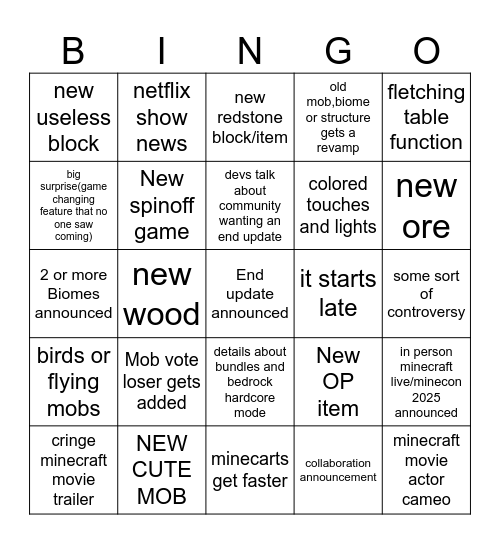 Minecraft live 2024 Bingo Card