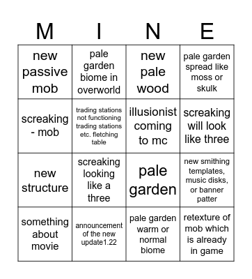 Minecraft live Bingo Card