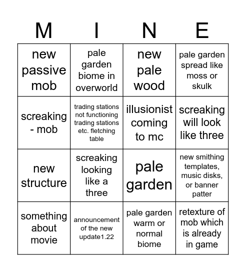 Minecraft live Bingo Card