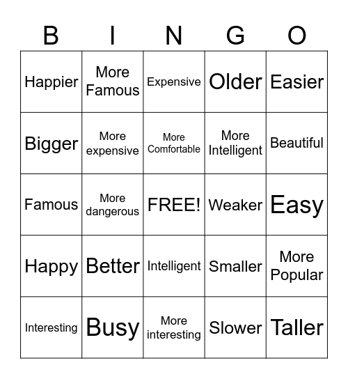 comparative adjectives Bingo Card