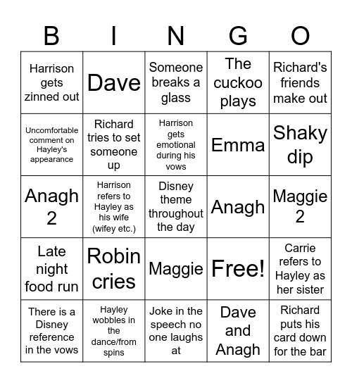 Harrison Hayley Wedding Bingo Card