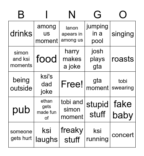 sidemen Bingo Card