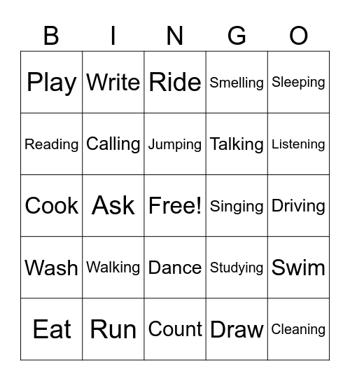 Verbs in gerunds Bingo Card