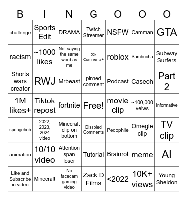 Shorts Bingo Card