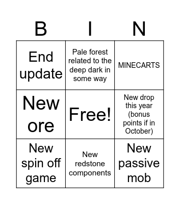 Minecraft bingo Card